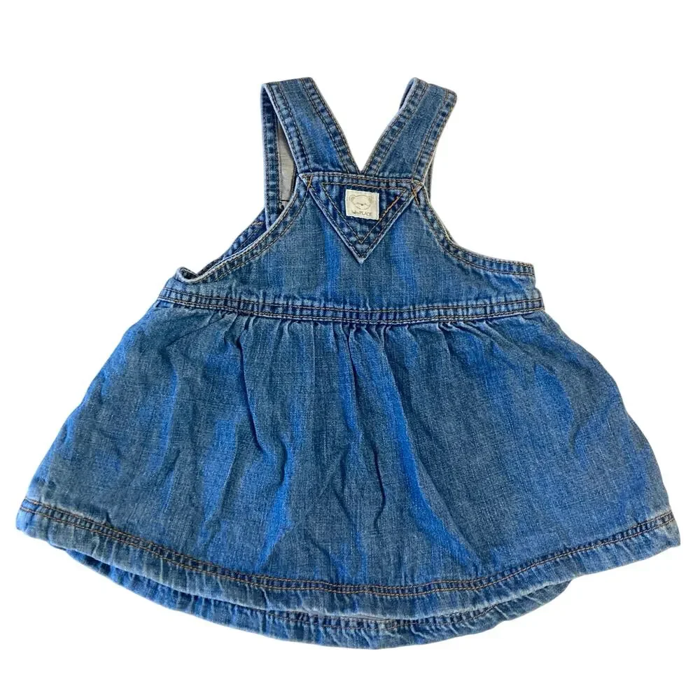 Vintage 90’s The Children’s Place Denim Blue Overall Bib Flare Skirt Dress 6-9m